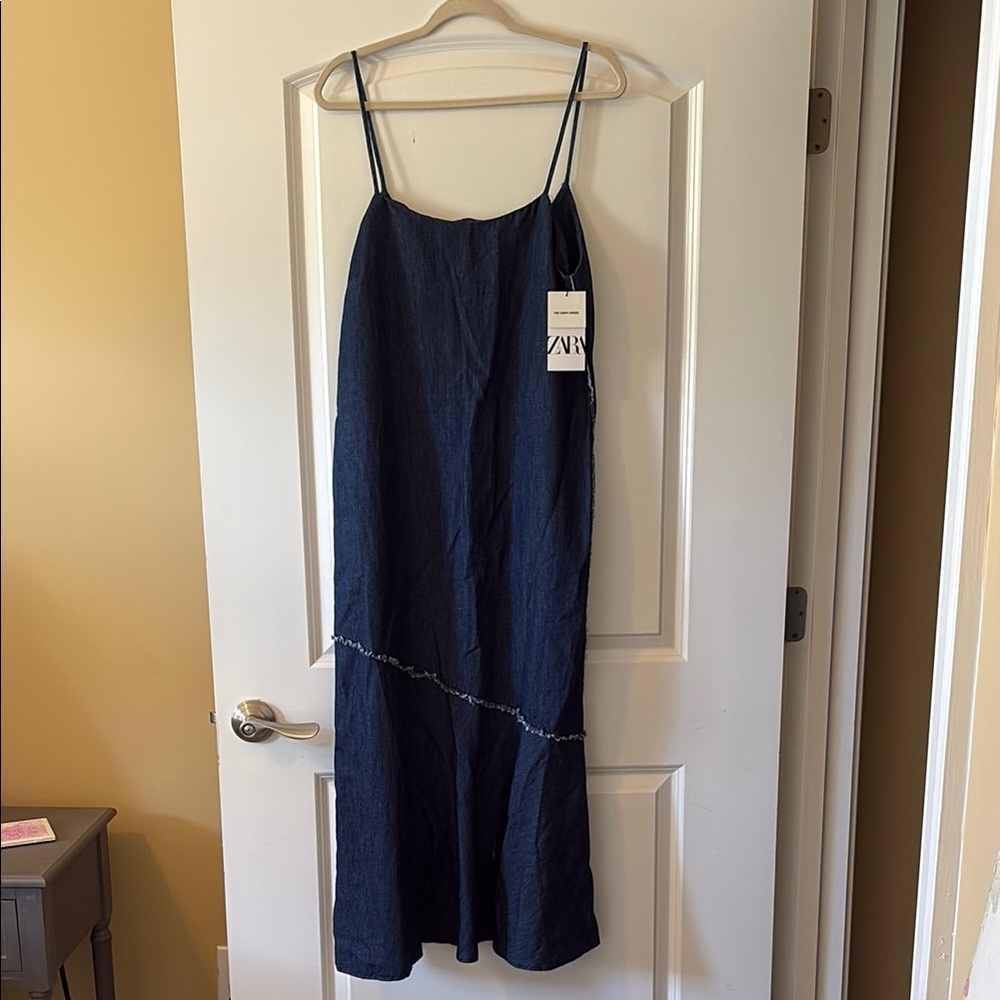 Zara Dark Denim Spaghetti Strap MIDI Dress